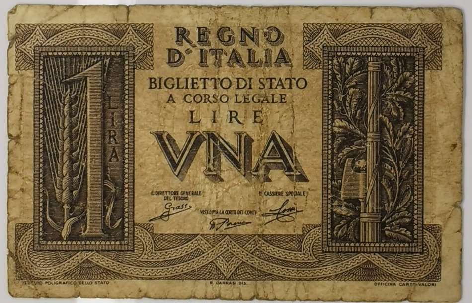 1939 | 1 Lire | Italy | Signatures: Grassi-Porena-Cossu | Vittorio Emanuele III