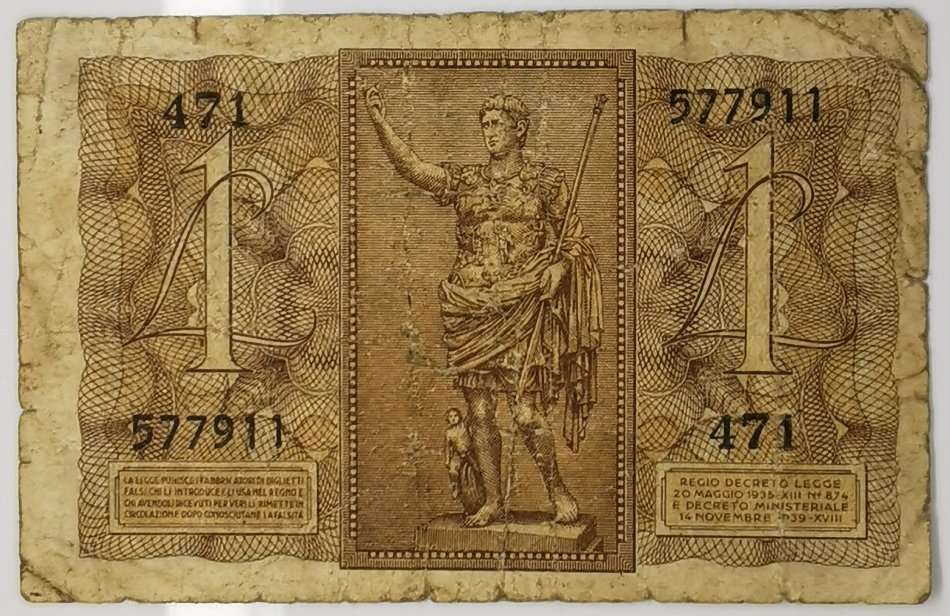 1939 | 1 Lire | Italy | Signatures: Grassi-Porena-Cossu | Vittorio Emanuele III