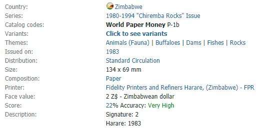 1983 | Set Of 2, 5, 10 & 20 Dollars | "Chiremba Rocks" Issue | Zimbabwe | Signature 2