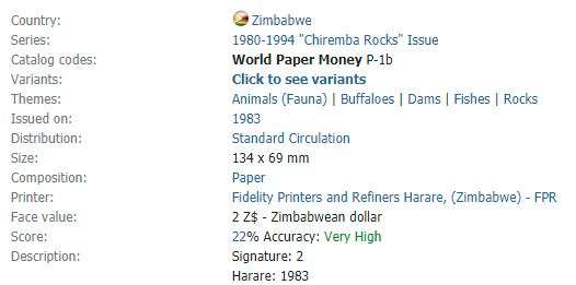 1983 | 2 Dollars | Zimbabwe | 134 x 69 mm | Signature: 2 | "Chiremba Rocks" Issued Note