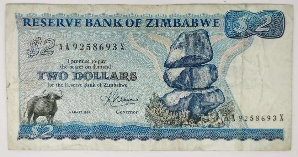 1983 | 2 Dollars | Zimbabwe | 134 x 69 mm | Signature: 2 | "Chiremba Rocks" Issued Note