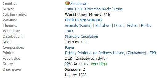 1983 | 2 Dollars | Zimbabwe | 134 x 69 mm | "Chiremba Rocks" Issue | Signature: 2