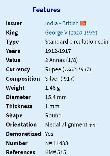1916 | 2 Annas | George V | Type II | India - British  | 105 Year Old Silver (.917) Coin | 15.4 mm