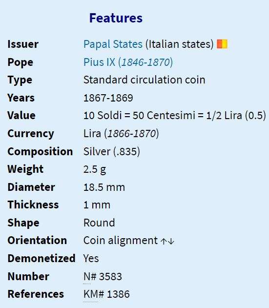 1867 | 10 Soldi | Pio IX | Italy | 154 Year Old Silver(.835) Coin | 18mm