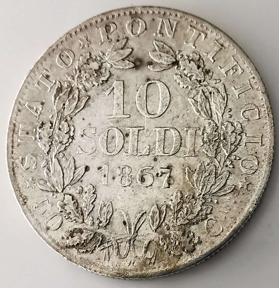 1867 | 10 Soldi | Pio IX | Italy | 154 Year Old Silver(.835) Coin | 18mm