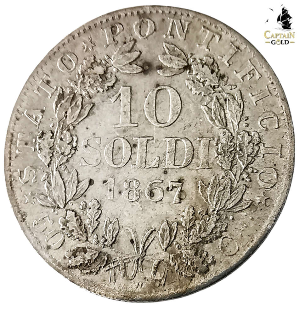 1867 | 10 Soldi | Pio IX | Italy | 154 Year Old Silver(.835) Coin | 18mm