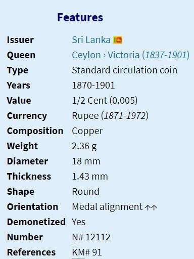 1890 | ½ Cent | Victoria | Sri Lanka | 18 mm | 131 Year Old Coin | Low Mintage