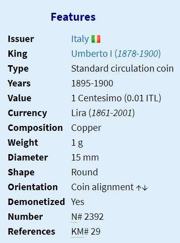 1895 | 1 Centesimo | Umberto I | Italy | 15 mm | 126 Year Old Coin