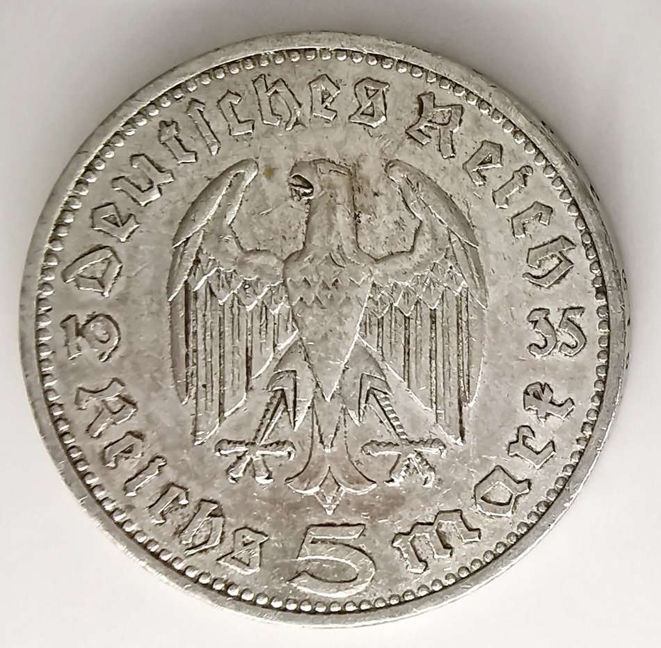 1936 | 5 Reichsmark | Paul von Hindenburg | Germany | 29 mm Silver (.900) Coin