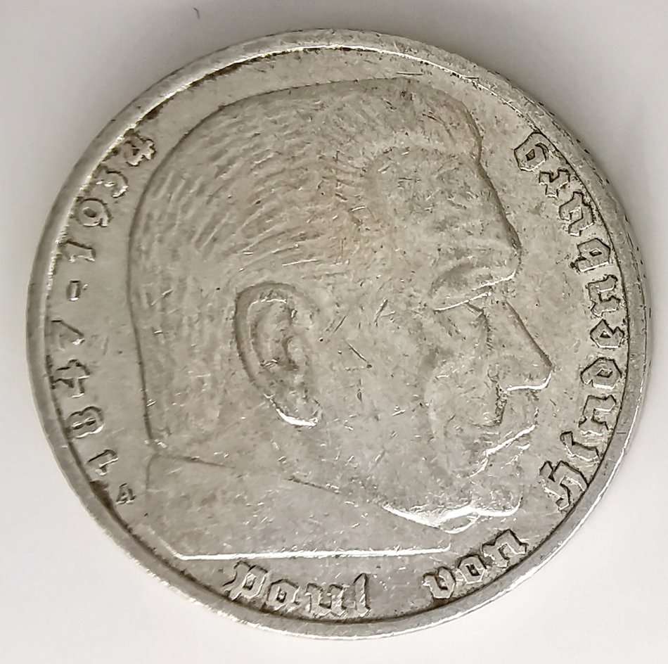 1936 | 5 Reichsmark | Paul von Hindenburg | Germany | 29 mm Silver (.900) Coin