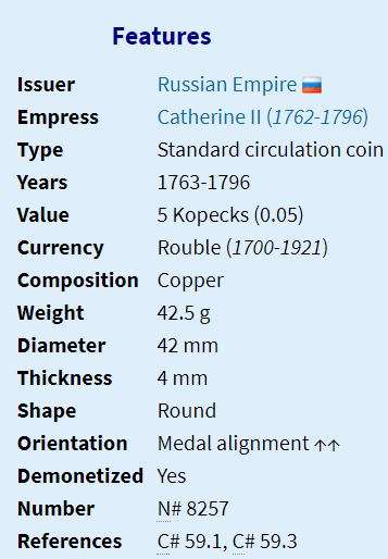 1764 | LARGE COPPER COIN | 5 Kopecks | Ekaterina II | EM | Russian Empire | 42 mm