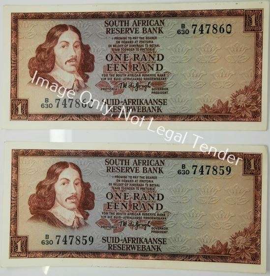 1 Rand | UNC | Note Sequence Set | South Africa | Signature: T. W. de Jongh