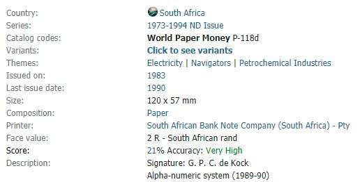 2 Rand Note | South Africa | Signature: G. P. C. de Kock