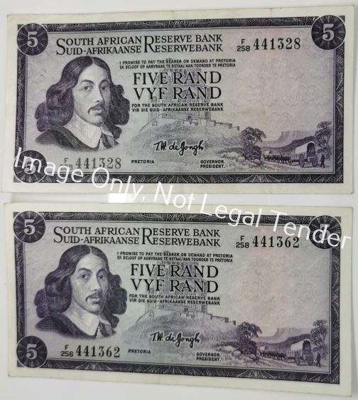 5 Rand Note | Same Series Set | UNC | South Africa | Signature: T. W. de Jongh