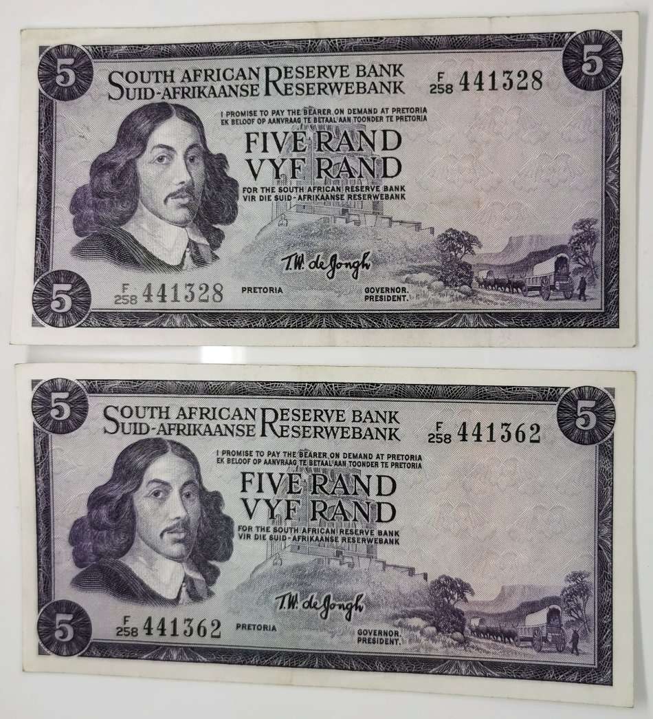 5 Rand Note | Same Series Set | UNC | South Africa | Signature: T. W. de Jongh