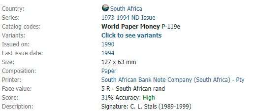 X5 | 5 Rand Notes | South Africa | Signature: C. L. Stals