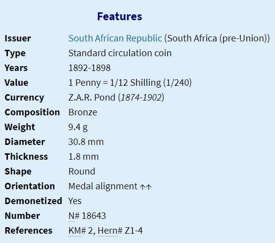 1898 | 1 Penny | Zuid Afrikaansche Republiek | 30.8 mm | Pretoria Mint