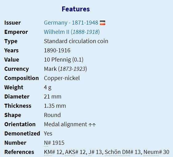1905 | A | 10 Pfennig | Germany | 21 mm Coin | Wilhelm II | Type 2 | Small Shield