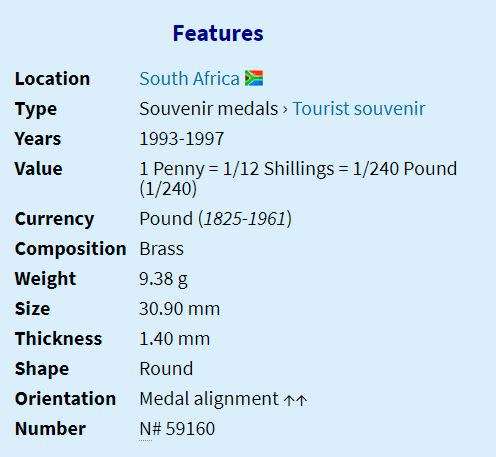 1993 | 1 Penny | Gold Reef City | South Africa | 30.90 mm | Souvenir medal