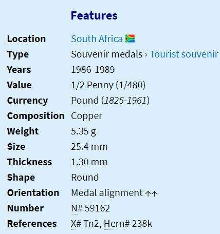 1986 | ½ Penny | Gold Reef City | South Africa | 25.4 mm | Souvenir medal