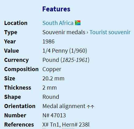 1986 | ¼ Penny | Gold Reef City | South Africa | 20.2 mm | Souvenir medal