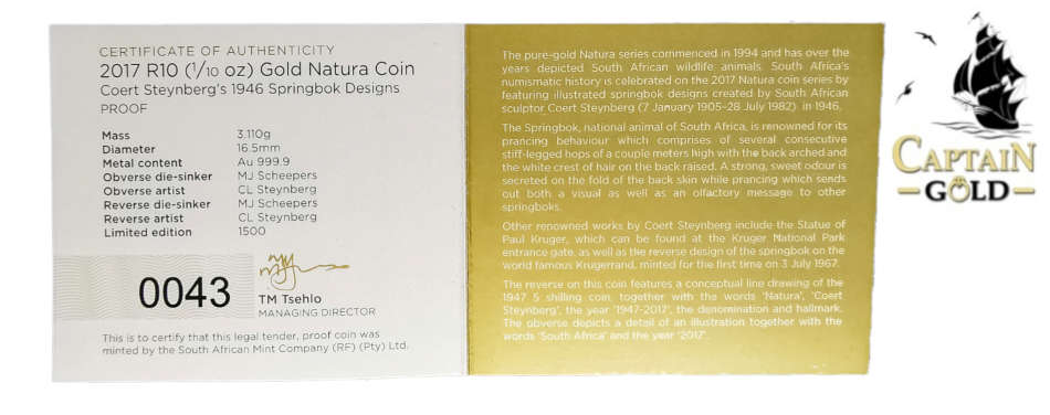 2017 | 1/10 oz | R10 | 24 Carat Gold | SA MINT | Springbok | Natura Series