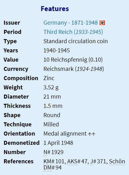 1943 | A | 10 Reichspfennig | Germany | 21 mm