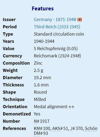 1941 | A | 5 Reichspfennig | Germany | 19.2 mm