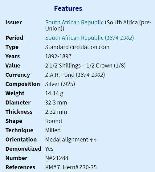1896 | 2½ Shillings | Zuid Afrikaansche Republiek | Silver (.925) 32.3 mm Coin