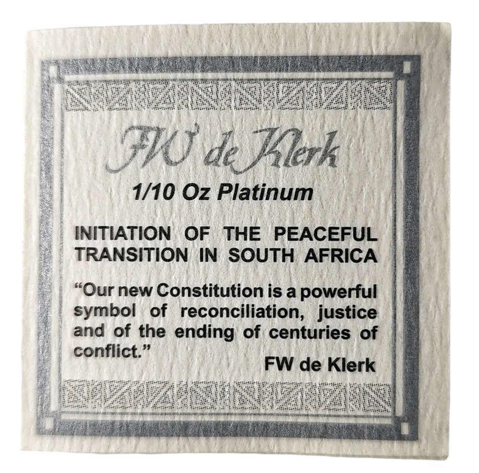 1989-1994 | FW de Klerk | 1/10 oz Platinum 99.5 | State President Of SA | Proof Coin | Includes Box