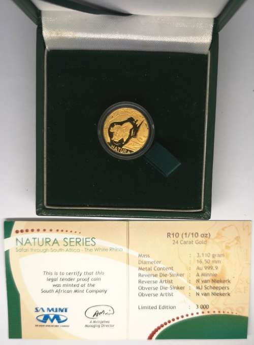 2009 | Natura | The White Rhino | R10 (1/10 oz) | 24 Carat 999.9 Au | Proof | Gold Coin | No Reserve