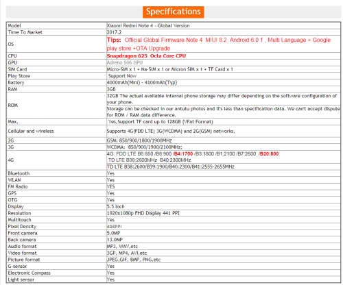 Global Version Xiaomi Redmi Note 4 Smartphone 3GB 32GB Snapdragon 625 Octa Core 5.5" 1080p 13.0MP FC