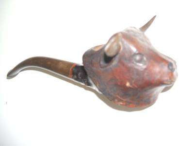 SMOKING PIPE WITH CARVED BULL'S HEAD WITH HORNS