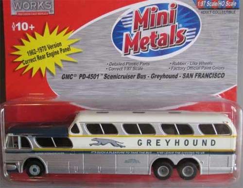 MINI METALS HO 1/87 SCALE - GMC PD-4501 SCENICCRUISER BUS GREYHOUND "SAN FRANCISCO" (NEW CARDED)
