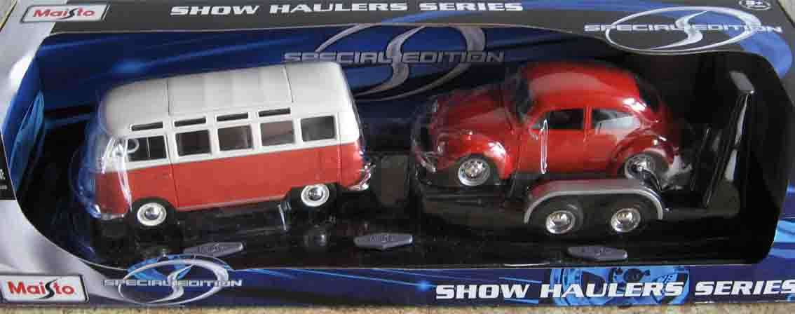 MAISTO SHOW HAULERS SERIES VW KOMBI, BEETLE & TRAILER COMBO 1/24/5 SCALE.(REDUCED)