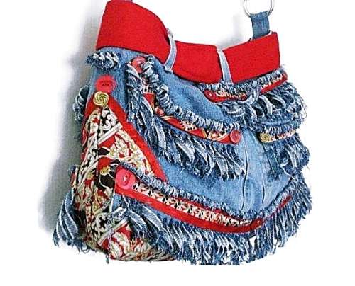 Denim Handbag featuring Indian Silk trim - Large
