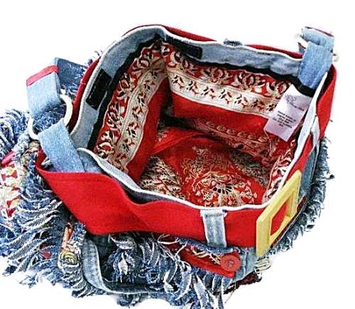 Denim Handbag featuring Indian Silk trim - Large