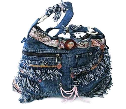 Denim Fringed Handbag with Belt and Buckle Trim