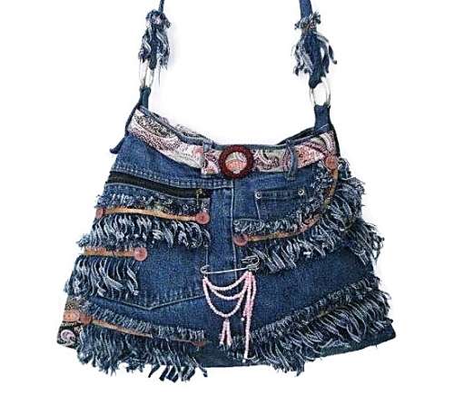 Denim Fringed Handbag with Belt and Buckle Trim