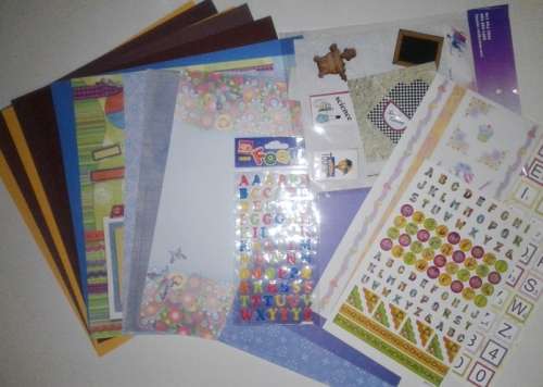 Scrapbooking Kit - Board, Paper, Stickers, Alphabet and Embellishments