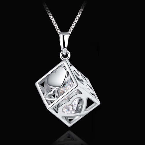 Cubic Zirconia inside a Platinum Plated Square Box Pendant with Chain