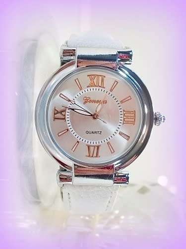Ladies Geneva Brand Quartz Watch - White PU-Leather Strap