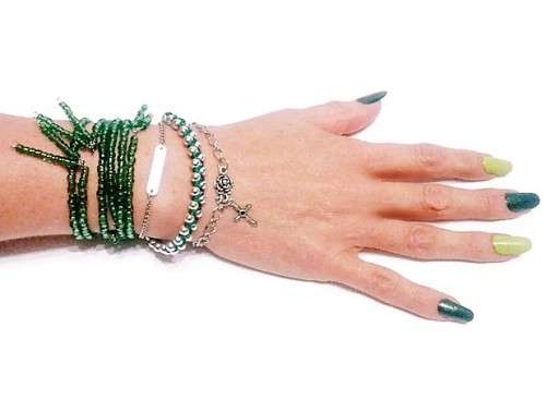 Stacking bracelets set - 6 piece Silver & Forest Green