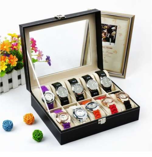 Black 10 Grid PU Watch Display Box / Jewelry Storage Organizer