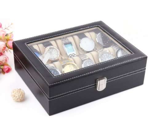 Black 10 Grid PU Watch Display Box / Jewelry Storage Organizer