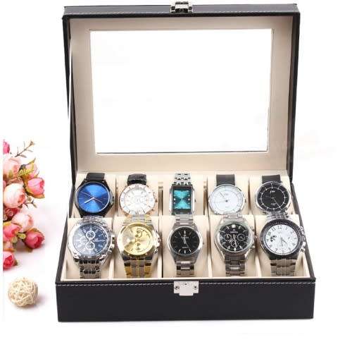 Black 10 Grid PU Watch Display Box / Jewelry Storage Organizer