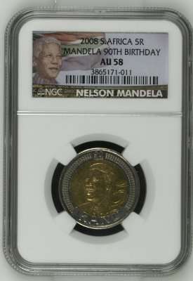 2008 Nelson Mandela 90th Birthday R5 coin - AU58 - NGC Graded Coins !!