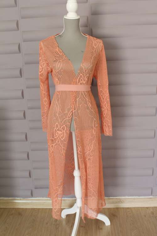Mid Calf-Peach Lace Resort Wear cover up- add some Glam to your outfit! Free size
