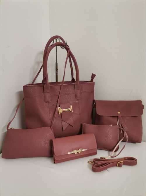 NEW LADIES DARK PINK 5 PIECES BAG SET