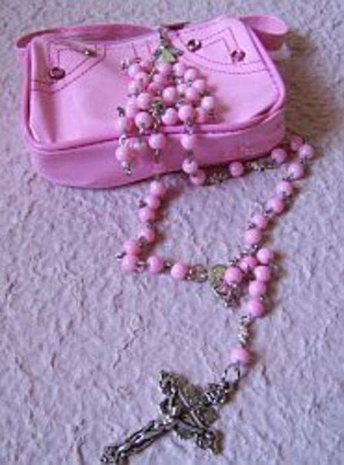 Catholic Rosary in Little Pink Handbag